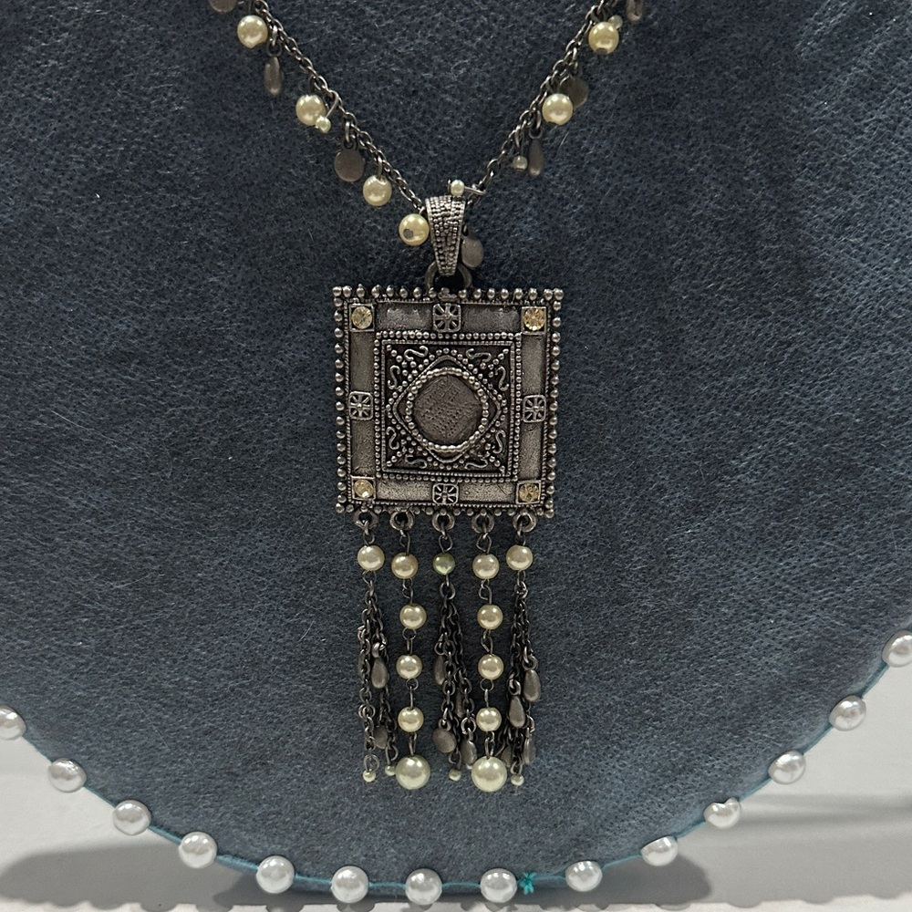 Antique Silver-Tone Square Pendant Necklace with Pearl Tassels